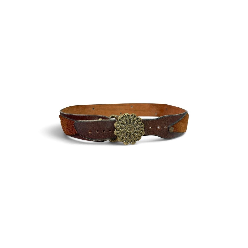 Vintage 70's Brown Leather & Suede Patchwork Belt w/ Floral Solid Brass Buckle L